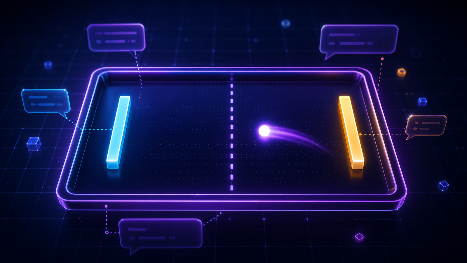 Ilustração de um jogo Pong luminoso criado por inteligência artificial